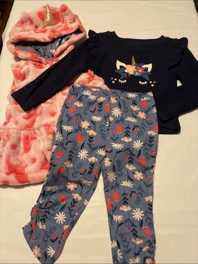 Penelope Mack Girls Navy Unicorn Top with Blue Floral Pants and Pink Hooded Vest
